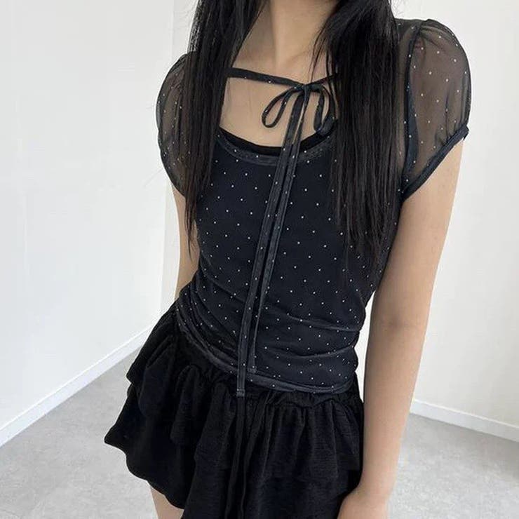 ブラック | ドット柄 チュール 半袖 ホルターネック リボン付き Tシャツゆるカワコーデ☆ | 17kg