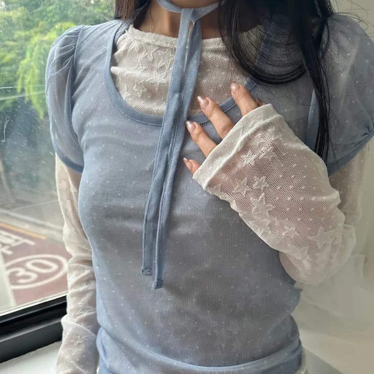 ドット柄 チュール 半袖 ホルターネック リボン付き Tシャツゆるカワコーデ☆ | 17kg | 詳細画像18 