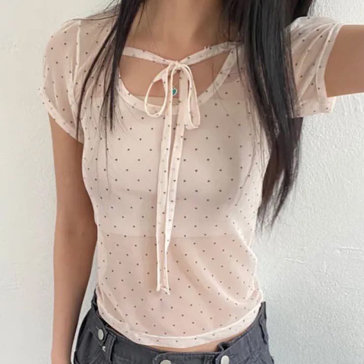 ベージュ | ドット柄 チュール 半袖 ホルターネック リボン付き Tシャツゆるカワコーデ☆ | 17kg