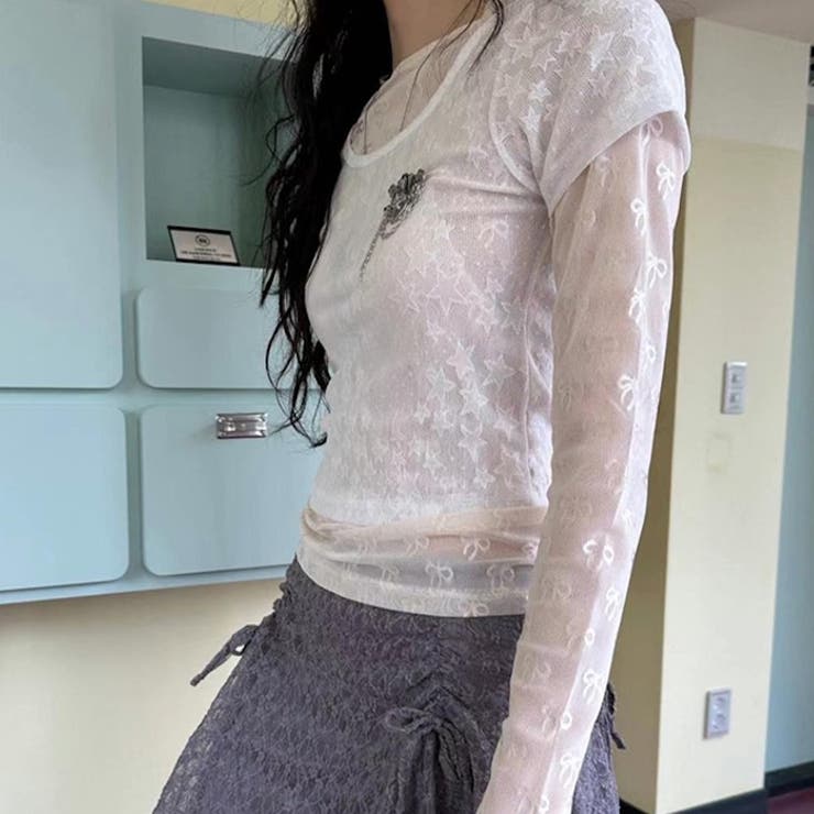 星柄ジャカード 立体チュール レース ストレッチ 半袖Tシャツゆるカワコーデ☆ | 17kg | 詳細画像9 