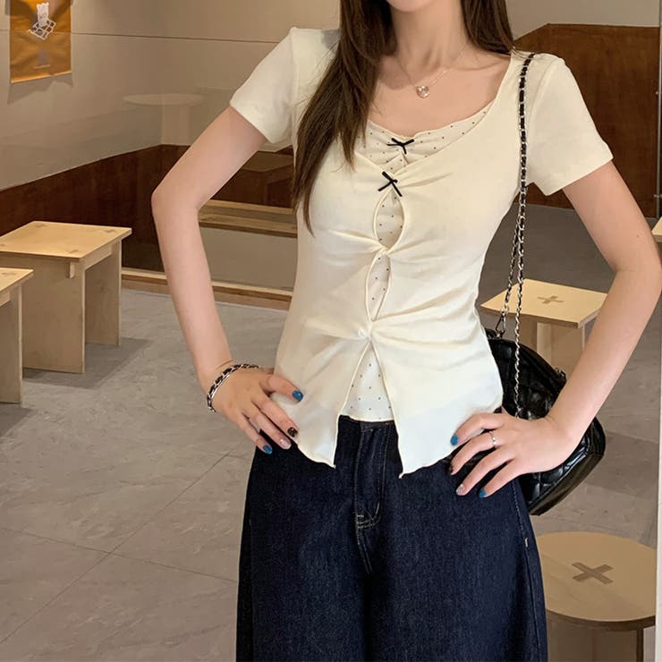 ドット 半袖 リボンツイスト フェイクレイヤードTシャツゆるカワコーデ☆ | 17kg | 詳細画像1 