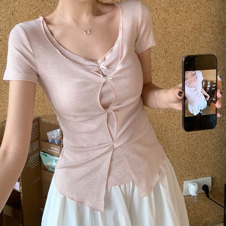 ドット 半袖 リボンツイスト フェイクレイヤードTシャツゆるカワコーデ☆ | 17kg | 詳細画像2 