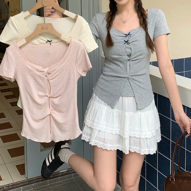 ドット 半袖 リボンツイスト フェイクレイヤードTシャツゆるカワコーデ☆ | 17kg | 詳細画像8 
