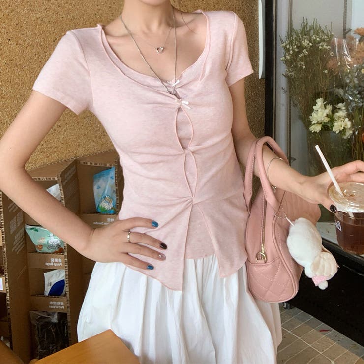 ピンク | ドット 半袖 リボンツイスト フェイクレイヤードTシャツゆるカワコーデ☆ | 17kg