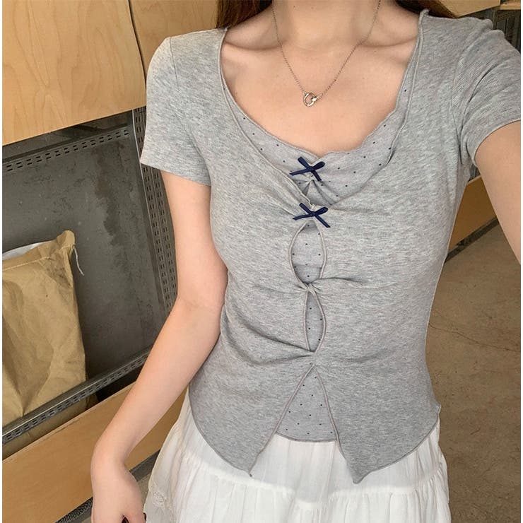 ドット 半袖 リボンツイスト フェイクレイヤードTシャツゆるカワコーデ☆ | 17kg | 詳細画像4 