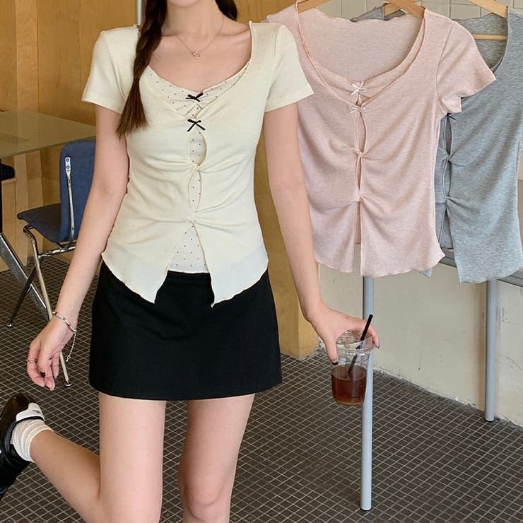 ドット 半袖 リボンツイスト フェイクレイヤードTシャツゆるカワコーデ☆ | 17kg | 詳細画像5 
