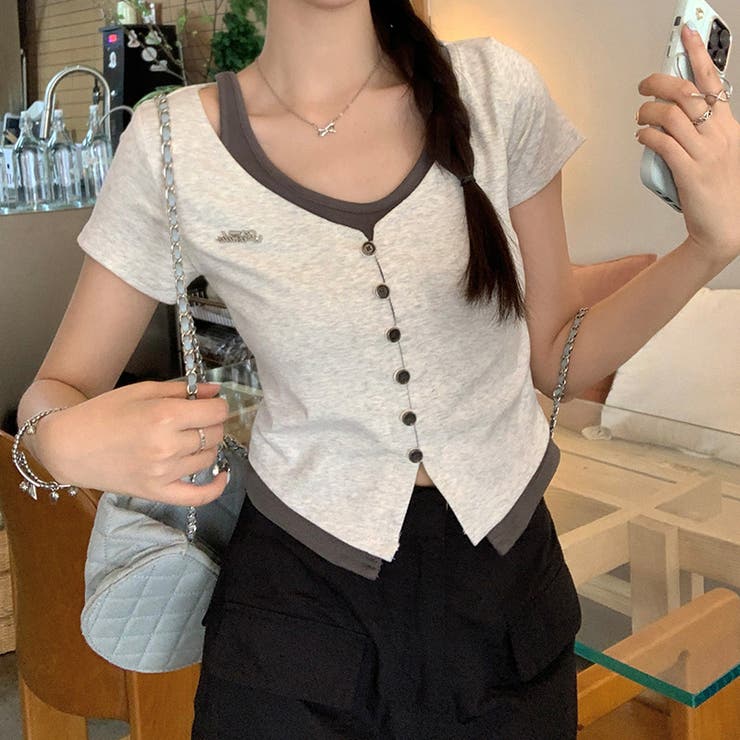 Vネック フェイクレイヤード 細見えTシャツ甘辛系ガールズ☆ | 17kg | 詳細画像1 