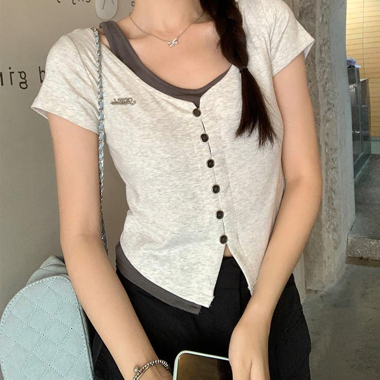 Vネック フェイクレイヤード 細見えTシャツ甘辛系ガールズ☆ | 17kg | 詳細画像2 