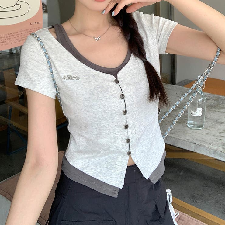 Vネック フェイクレイヤード 細見えTシャツ甘辛系ガールズ☆ | 17kg | 詳細画像6 