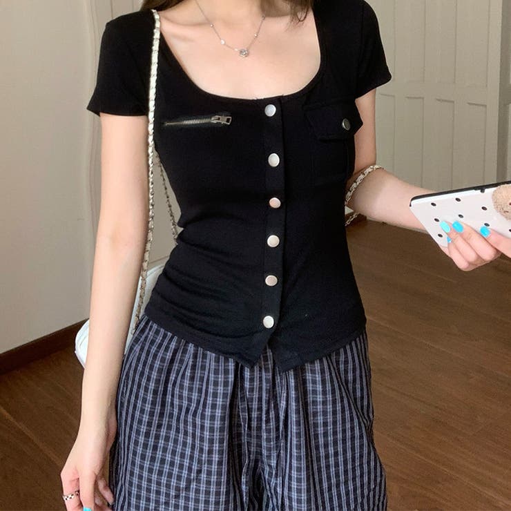 ウエストシェイプデザイン Uネック 正肩 半袖Tシャツ甘辛系ガールズ☆ | 17kg | 詳細画像2 