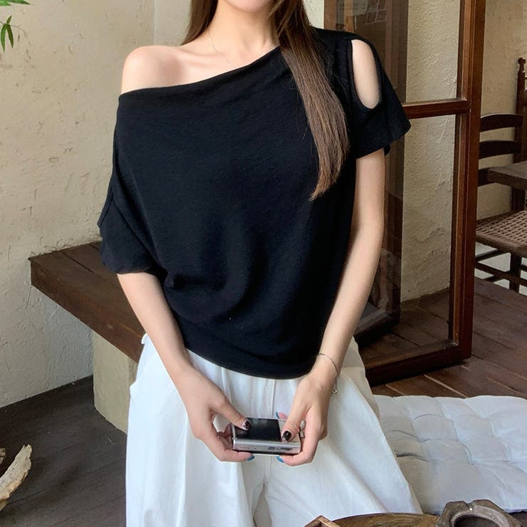 ブラック | オフショルダー ドレープネック 着回し 半袖 あざと系トップス甘辛系ガールズ☆ | 17kg