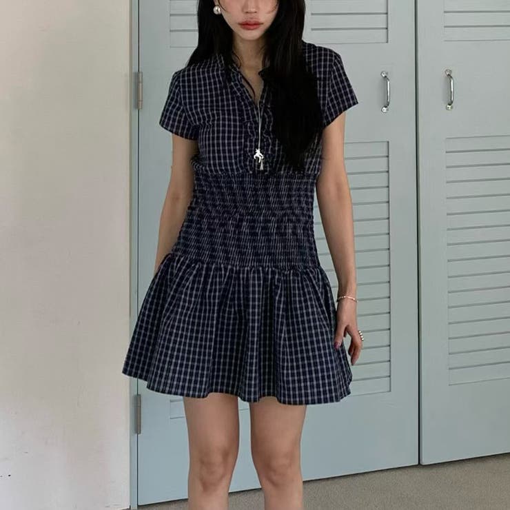 ネイビー | チェック柄ウエストマークワンピース｜大人ガーリー・着痩せ・美シルエット | 17kg