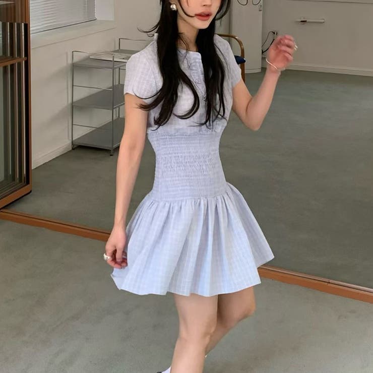 ブルー | チェック柄ウエストマークワンピース｜大人ガーリー・着痩せ・美シルエット | 17kg