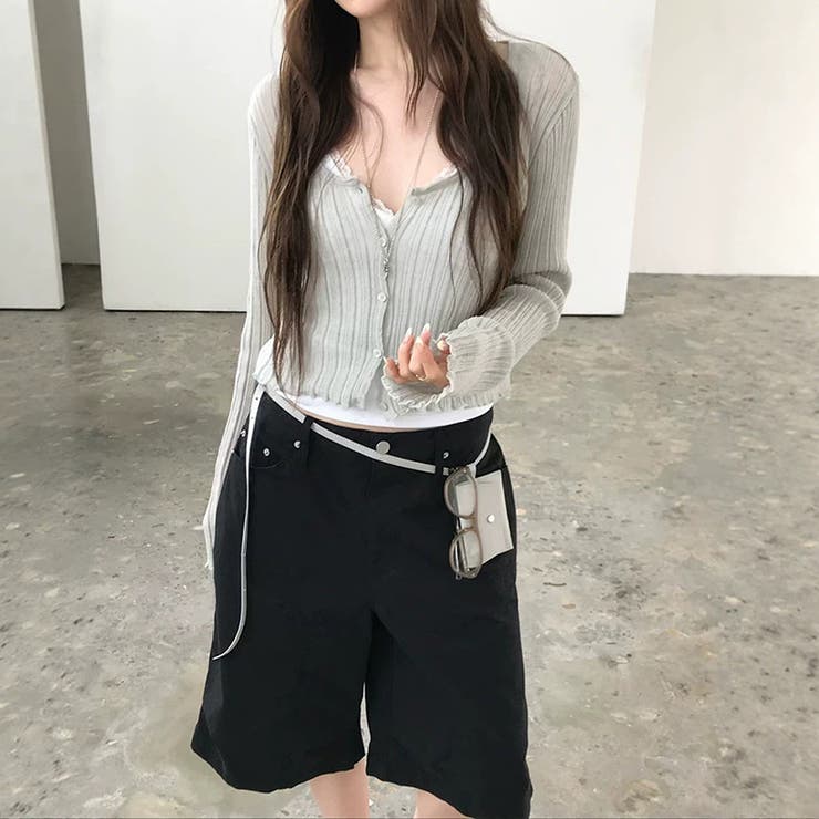 グリーン | リネン混 リブニットカーディガン Vネック | 17kg
