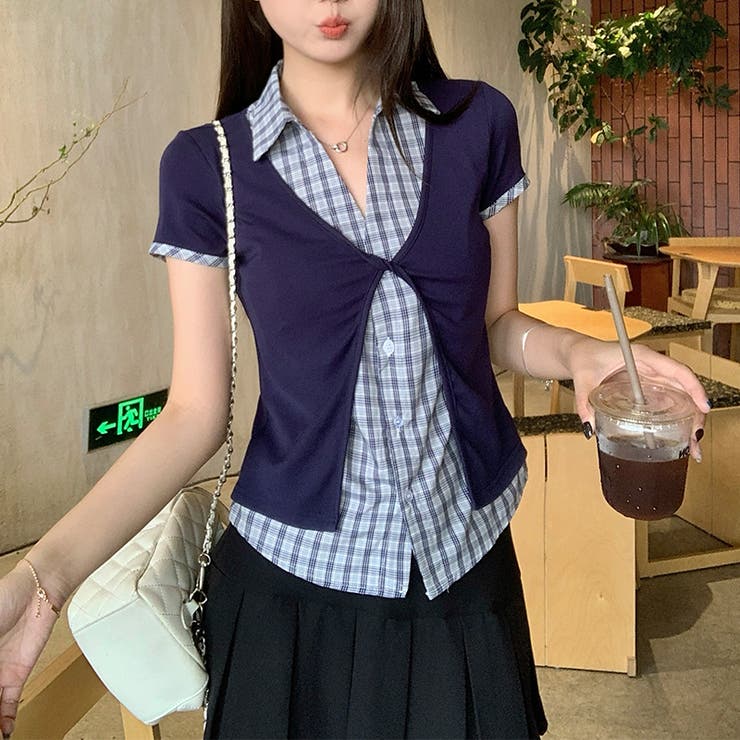 フェイクレイヤード 半袖トップス チェック柄 | 17kg | 詳細画像3 