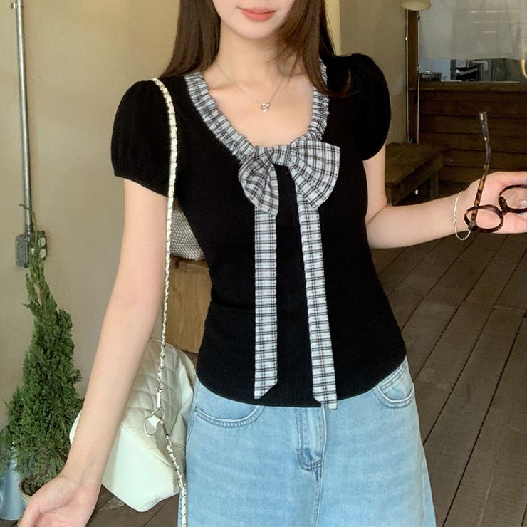 配色切替 リボンデザイン 半袖Tシャツ ウエストシェイプ | 17kg | 詳細画像2 