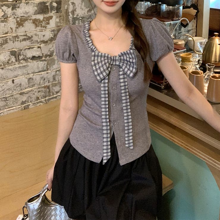 グレー | 配色切替 リボンデザイン 半袖Tシャツ ウエストシェイプ | 17kg