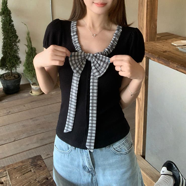 ブラック | 配色切替 リボンデザイン 半袖Tシャツ ウエストシェイプ | 17kg