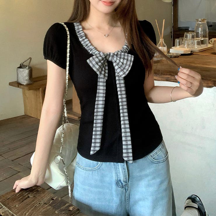 配色切替 リボンデザイン 半袖Tシャツ ウエストシェイプ | 17kg | 詳細画像7 