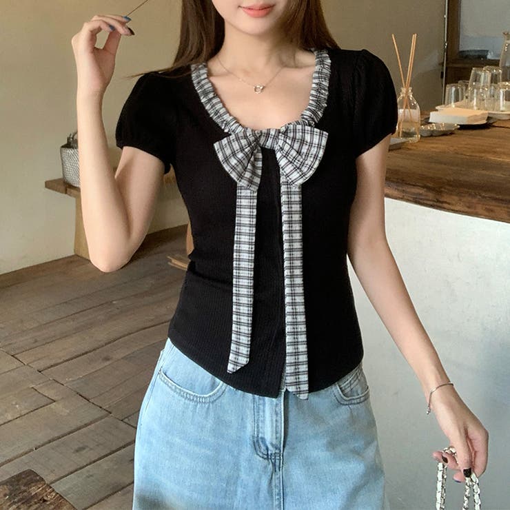 配色切替 リボンデザイン 半袖Tシャツ ウエストシェイプ | 17kg | 詳細画像3 