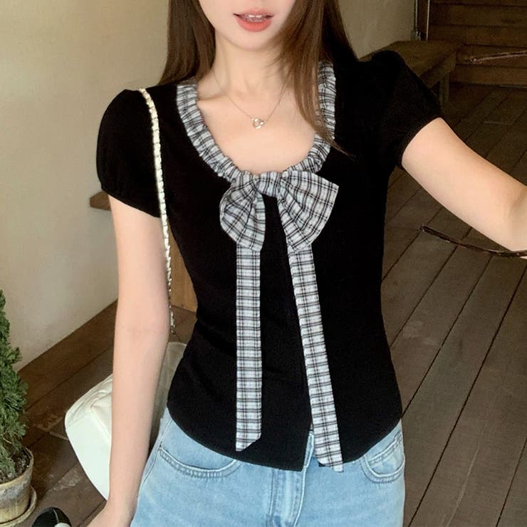 配色切替 リボンデザイン 半袖Tシャツ ウエストシェイプ | 17kg | 詳細画像4 