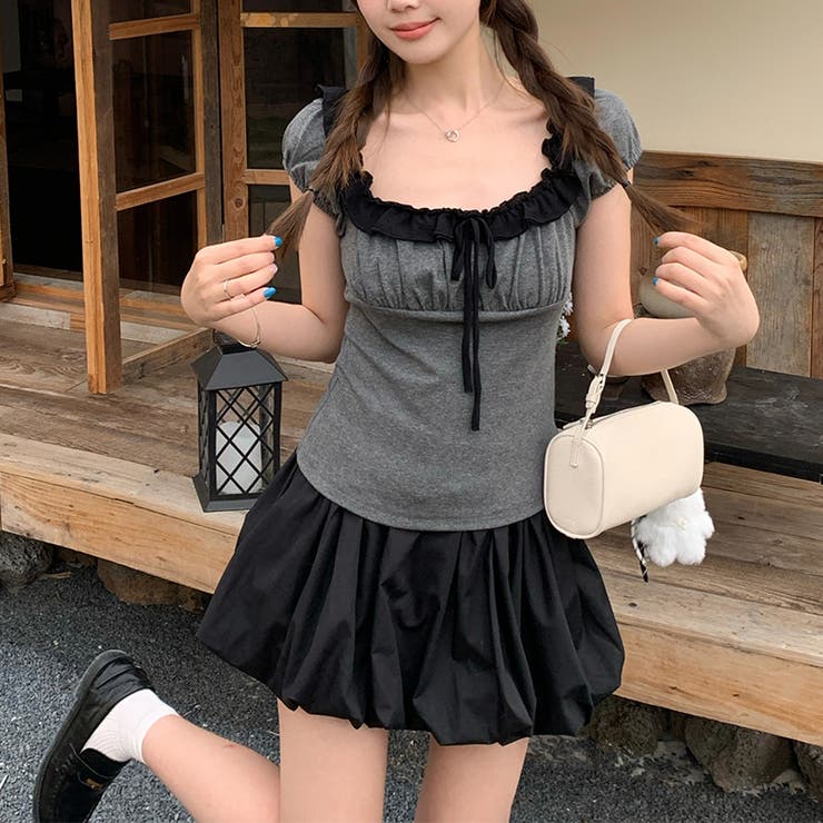 メロウフリル 配色切替 スクエアネック 半袖Tシャツ 細見え タイト | 17kg | 詳細画像1 