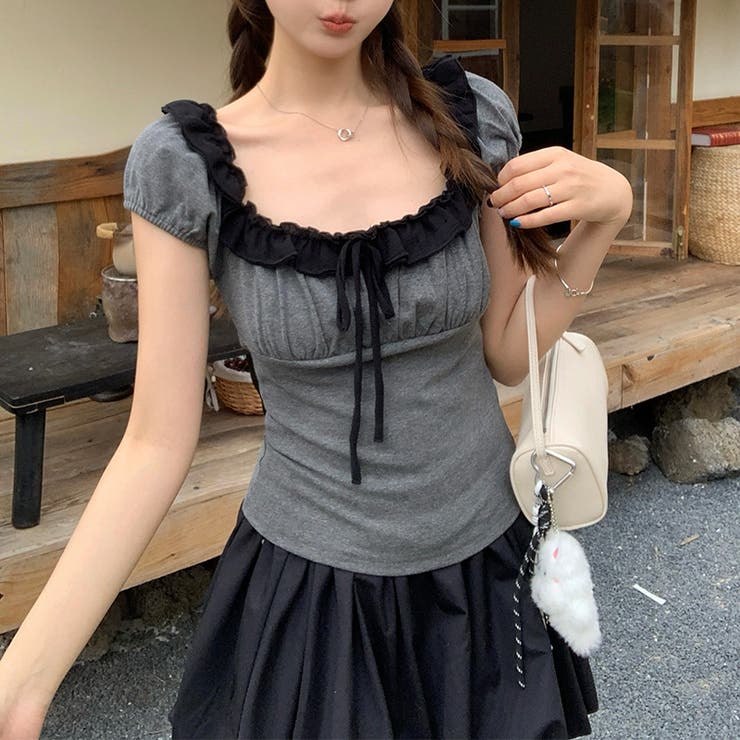 メロウフリル 配色切替 スクエアネック 半袖Tシャツ 細見え タイト | 17kg | 詳細画像2 