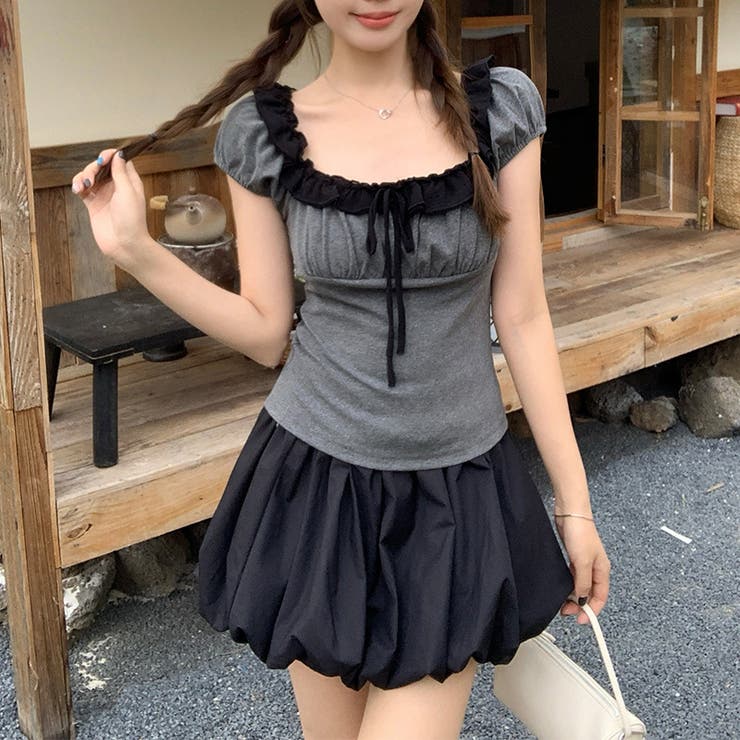 メロウフリル 配色切替 スクエアネック 半袖Tシャツ 細見え タイト | 17kg | 詳細画像3 