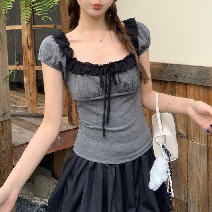 メロウフリル 配色切替 スクエアネック 半袖Tシャツ 細見え タイト | 17kg | 詳細画像4 