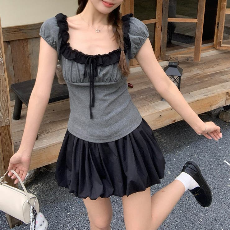 メロウフリル 配色切替 スクエアネック 半袖Tシャツ 細見え タイト | 17kg | 詳細画像5 
