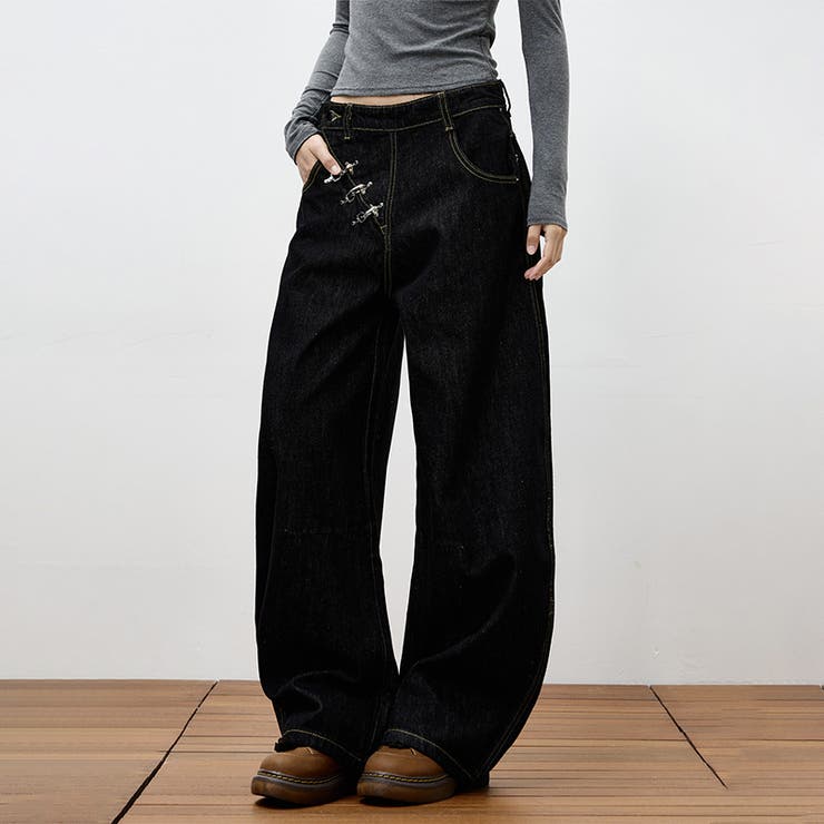 アシンメトリーデザイン デニムパンツ ボタン ワイドシルエット ルーズフィット | 17kg | 詳細画像6 
