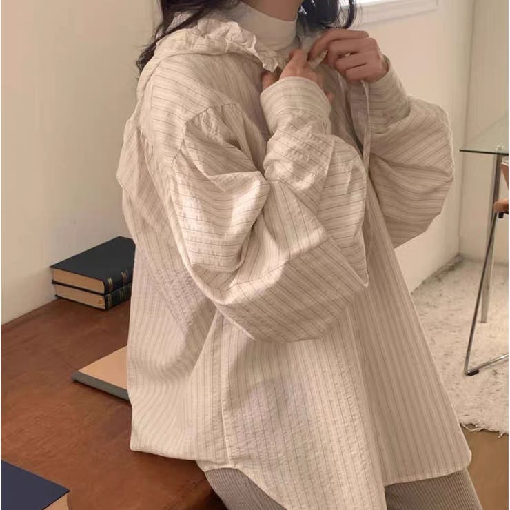 ベージュ | ストライプ フリルブラウス フード付き | 17kg