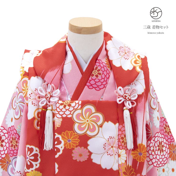 三歳被布着物セット 赤系被布×ピンク系着物 桜 | BiSOU | 詳細画像1 