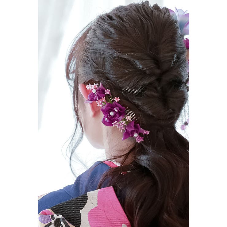 髪飾り3点セット 成人式 振袖 卒業式 袴 花 パール 赤紫 和装 着物