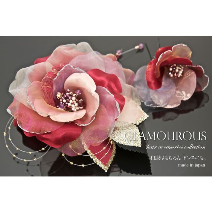 髪飾り 2点セット 赤 花 フラワー オーガンジー レース ラメ ビーズ | SOUBIEN | 詳細画像3 
