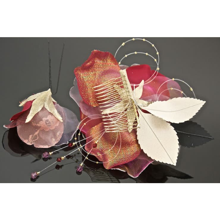 髪飾り 2点セット 赤 花 フラワー オーガンジー レース ラメ ビーズ | SOUBIEN | 詳細画像5 