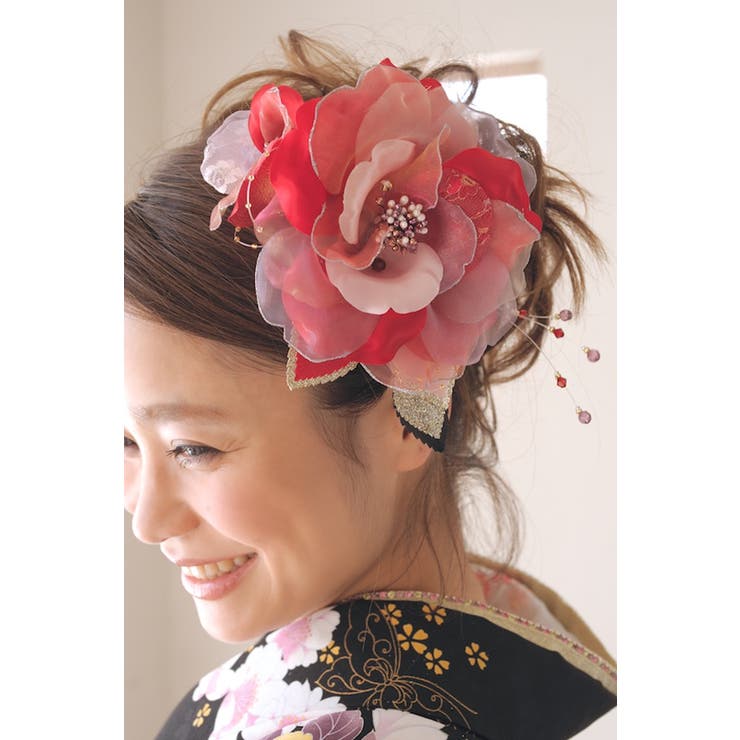 髪飾り 2点セット 赤 花 フラワー オーガンジー レース ラメ ビーズ | SOUBIEN | 詳細画像2 