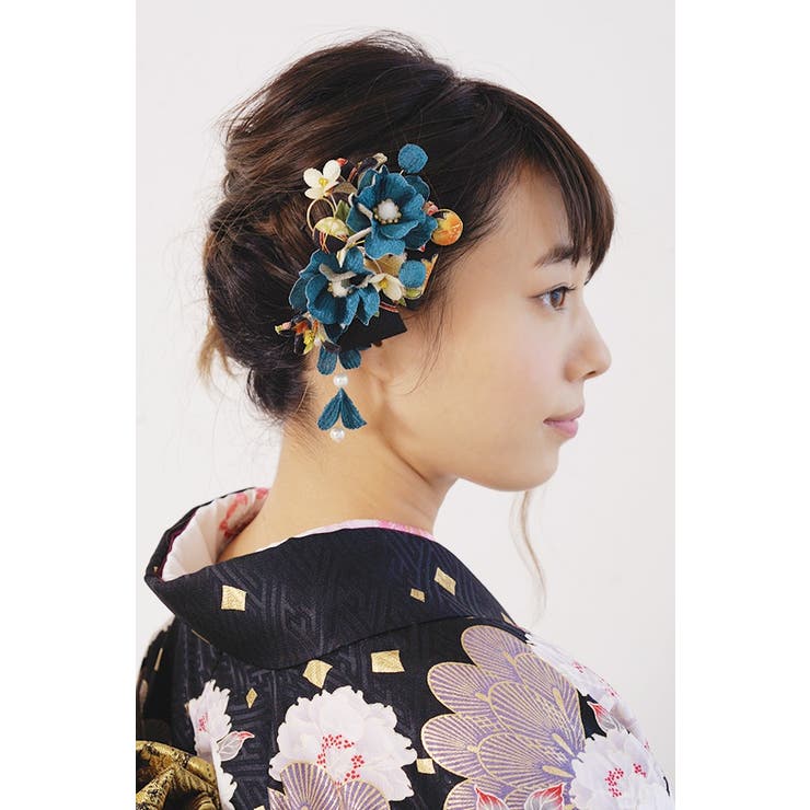 髪飾り 2点セット 青 花 フラワー 和柄 リボン パールビーズ 髪飾り 2点セット 青 花 フラワー 和柄 リボン パールビーズ
