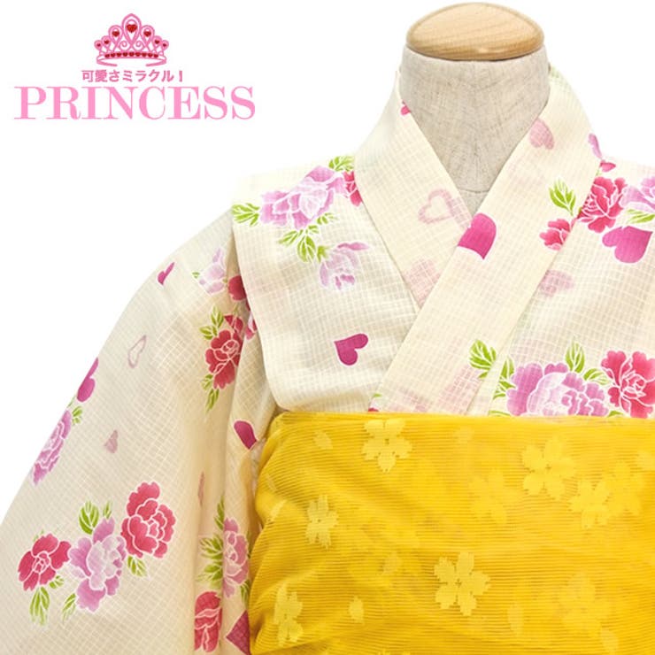 浴衣 子供 女の子 花柄 バラ 桜 蝶々 紅梅織り クリーム ゆかた 女児 | BiSOU | 詳細画像1 