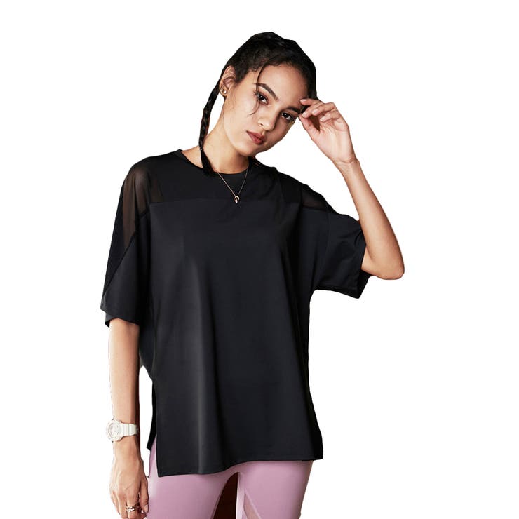 ブラック | ショルダーメッシュTシャツ レディース 半袖 | Spero