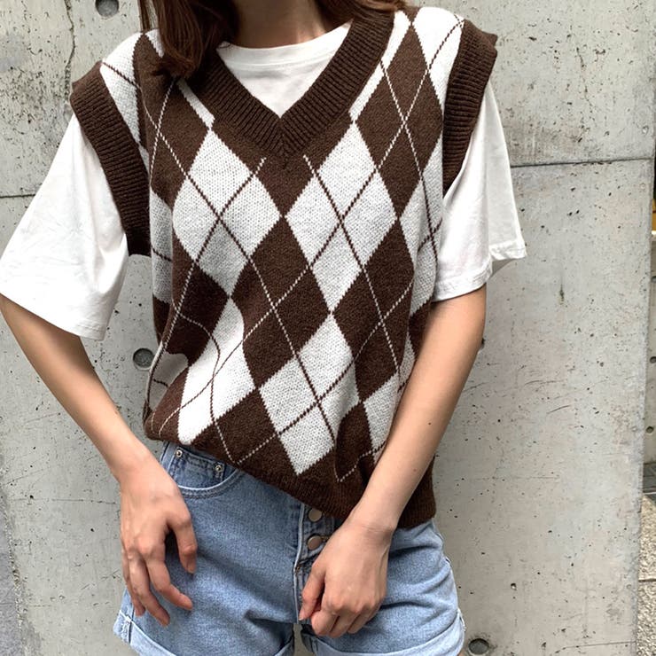 アーガイル柄　ニットベスト サイズ44 XL アーガイル柄 オーバーサイズ ニットベスト MONO-MART LADY'S│MONO
