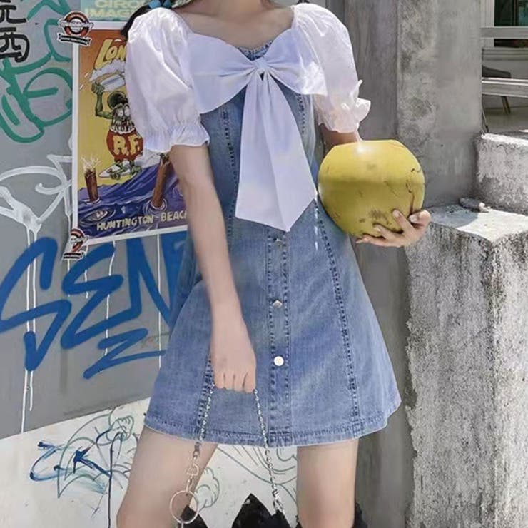 イチゴフード付き 半袖付きワンピース リップデニム 見本 イチゴフード