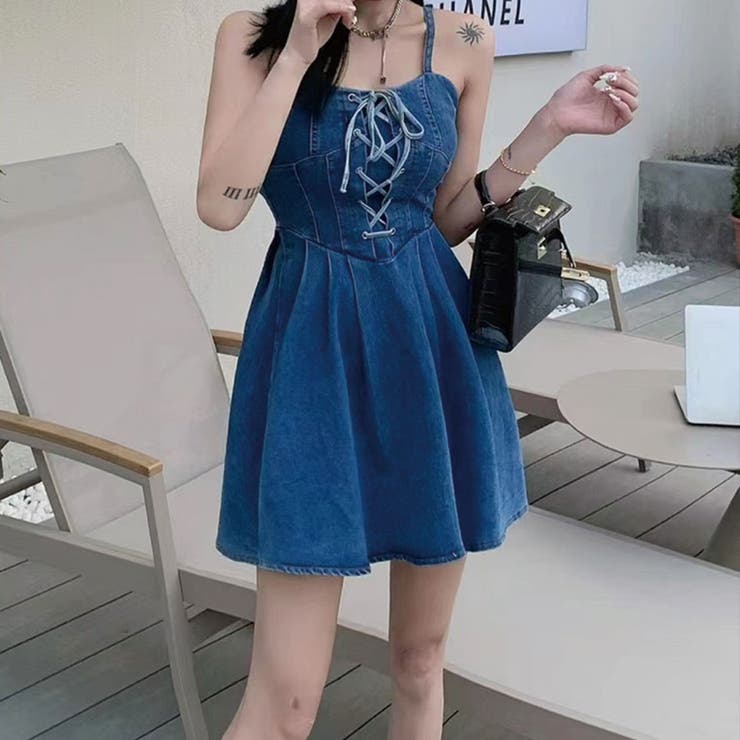 レースアップ切替デニムキャミワンピース[品番：SPGW0002613