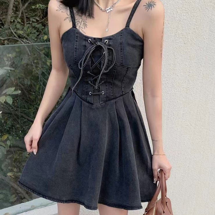 ☆ケミカル ブラックデニム ×MIX 切替 キャミワンピース☆ フロント