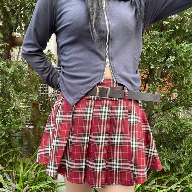 ベルト付チェックプリーツミニスカート[品番：SPGW0003102