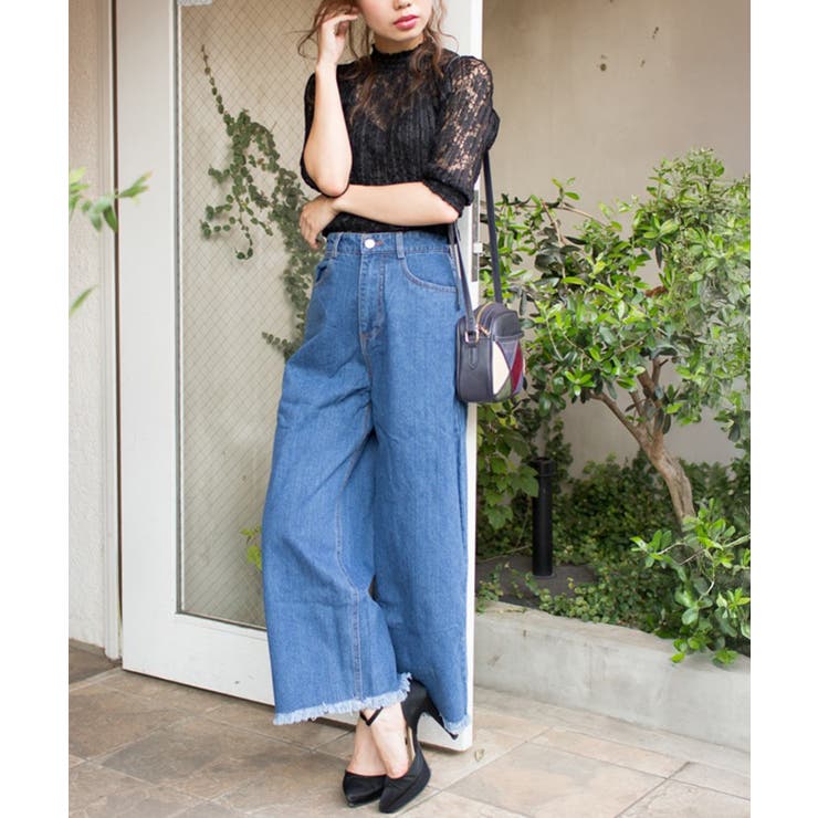 Lサイズ、LLサイズ登場】すそフリンジデニムワイドパンツ[品番