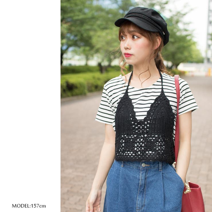 6 beauty&youth コットン ボーダー ビスチェ Tシャツ 黒 6(ROKU)＞コットン ボーダー ビスチェ Tシャツを使った人気