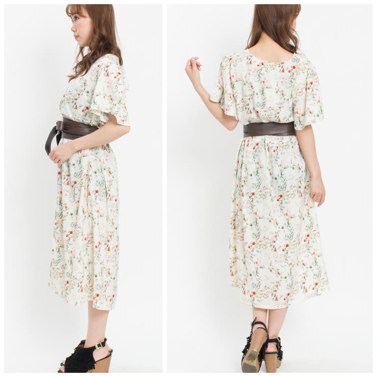 サッシュベルト付】花柄ガウンワンピース[品番：SPRW0002678]｜SpRay