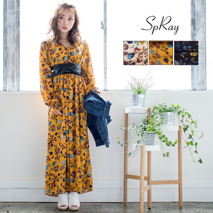 レトロ花柄ボリューム袖マキシワンピース[品番：SPRW0002373]｜SpRay