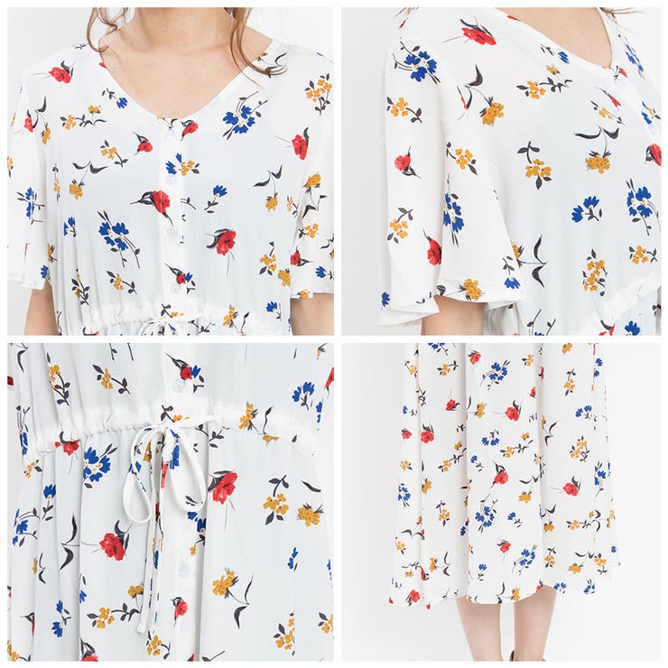 有松絞りワンピース　ピンク花　フレア袖　ゆったりサイズ　ポケット付き　藍染絞り 売り切れ在庫なし 有松・鳴海絞り 7分袖 ワンピ―ス パフスリーブ
